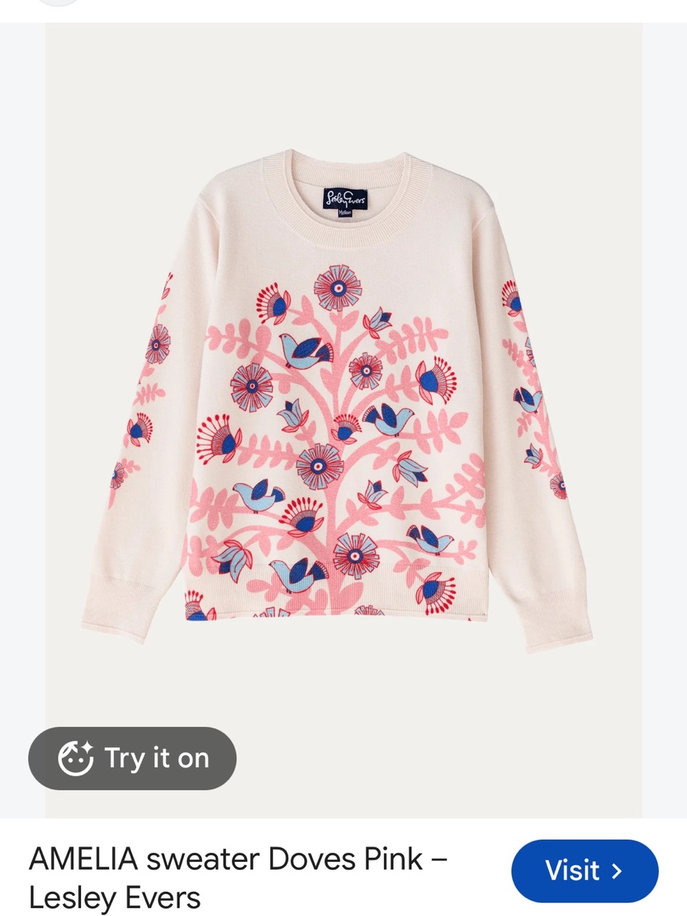 AMELIA Sweater Doves Pink by Lesley Evers - Cream Sweater with Pink & Blue